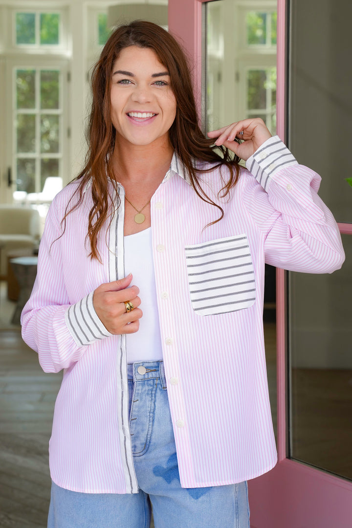 Plus/Reg Stripe Long Sleeve Button Down Shirt