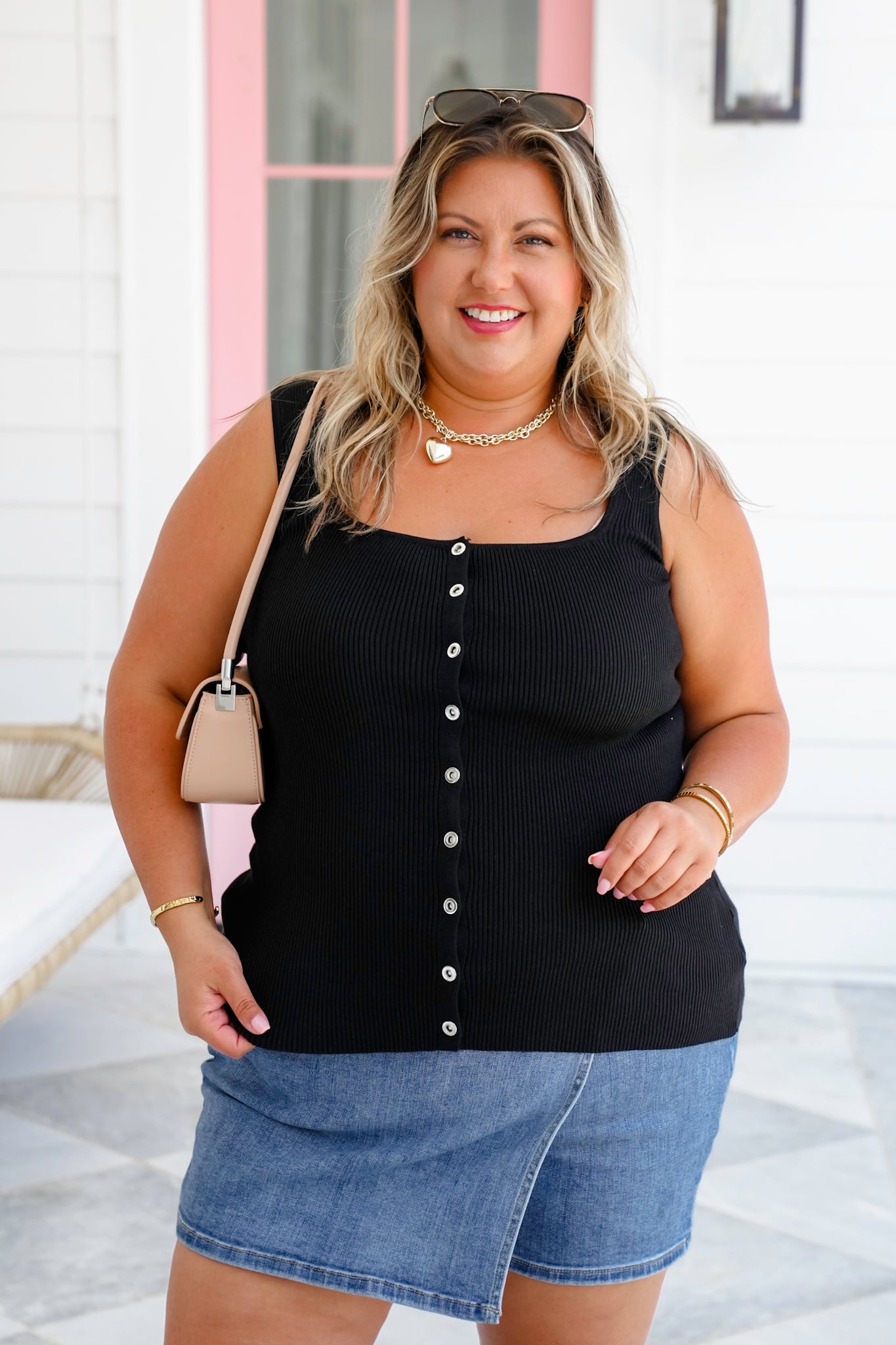 Plus/Reg Sleeveless Square Neck Snap Button Down Ribbed Knit Top