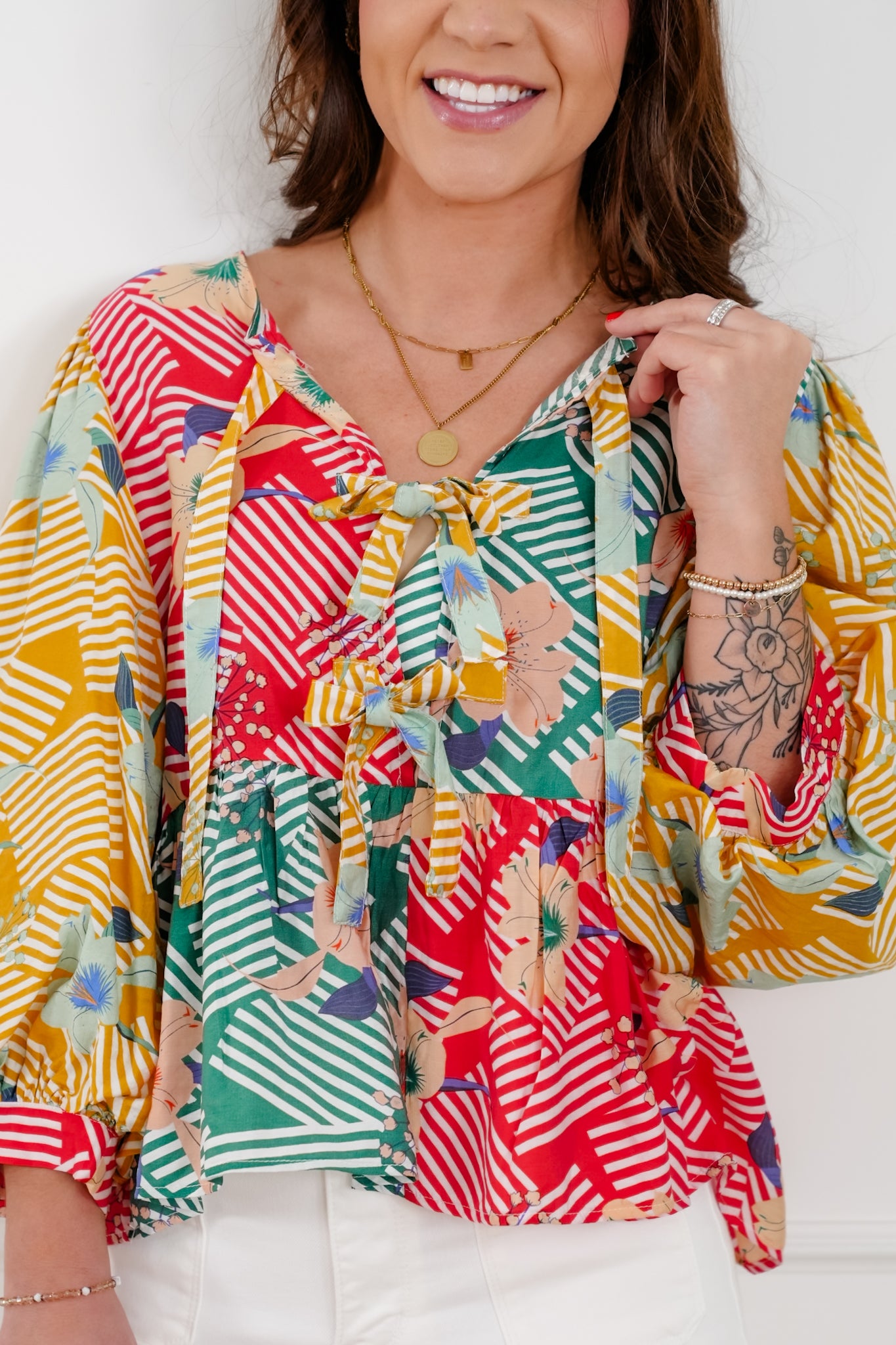 Floral Color Block 3/4 Sleeve Top with Front Bow Tie