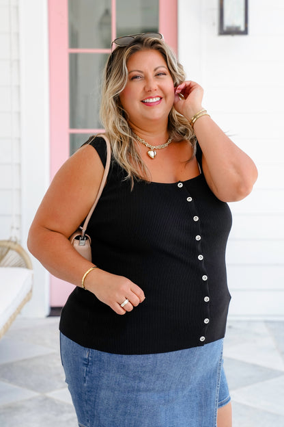 Plus/Reg Sleeveless Square Neck Snap Button Down Ribbed Knit Top