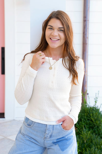 Ivory Ribbed Knit Long Sleeve Button Up Layered Top