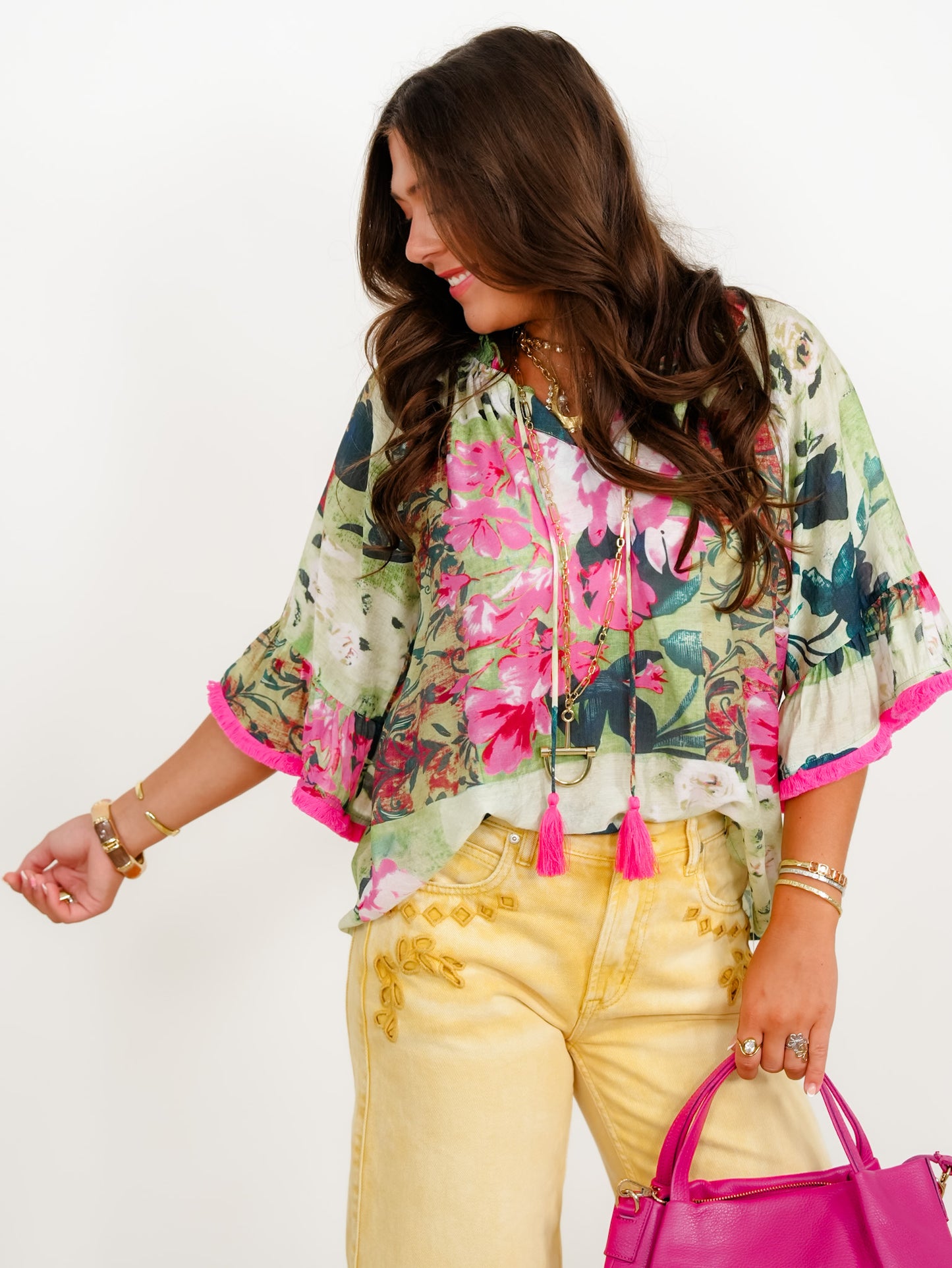 Floral Print Short Wide Sleeve Top With Tassle Front & Fringe