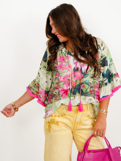 Floral Print Short Wide Sleeve Top With Tassle Front & Fringe