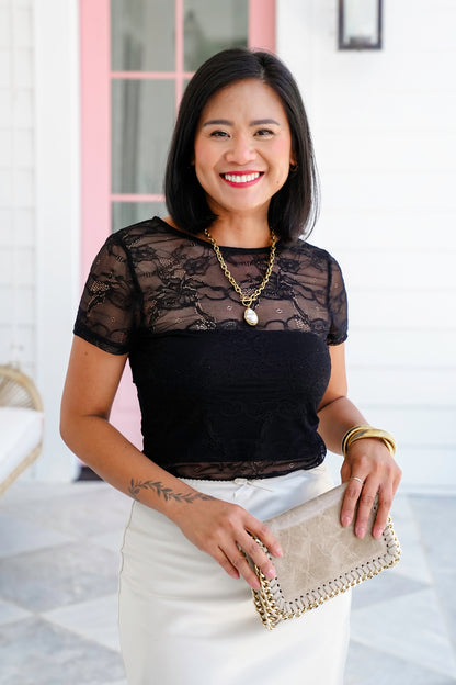 Plus/Reg Floral Lace Short Sleeve Round Neck Top