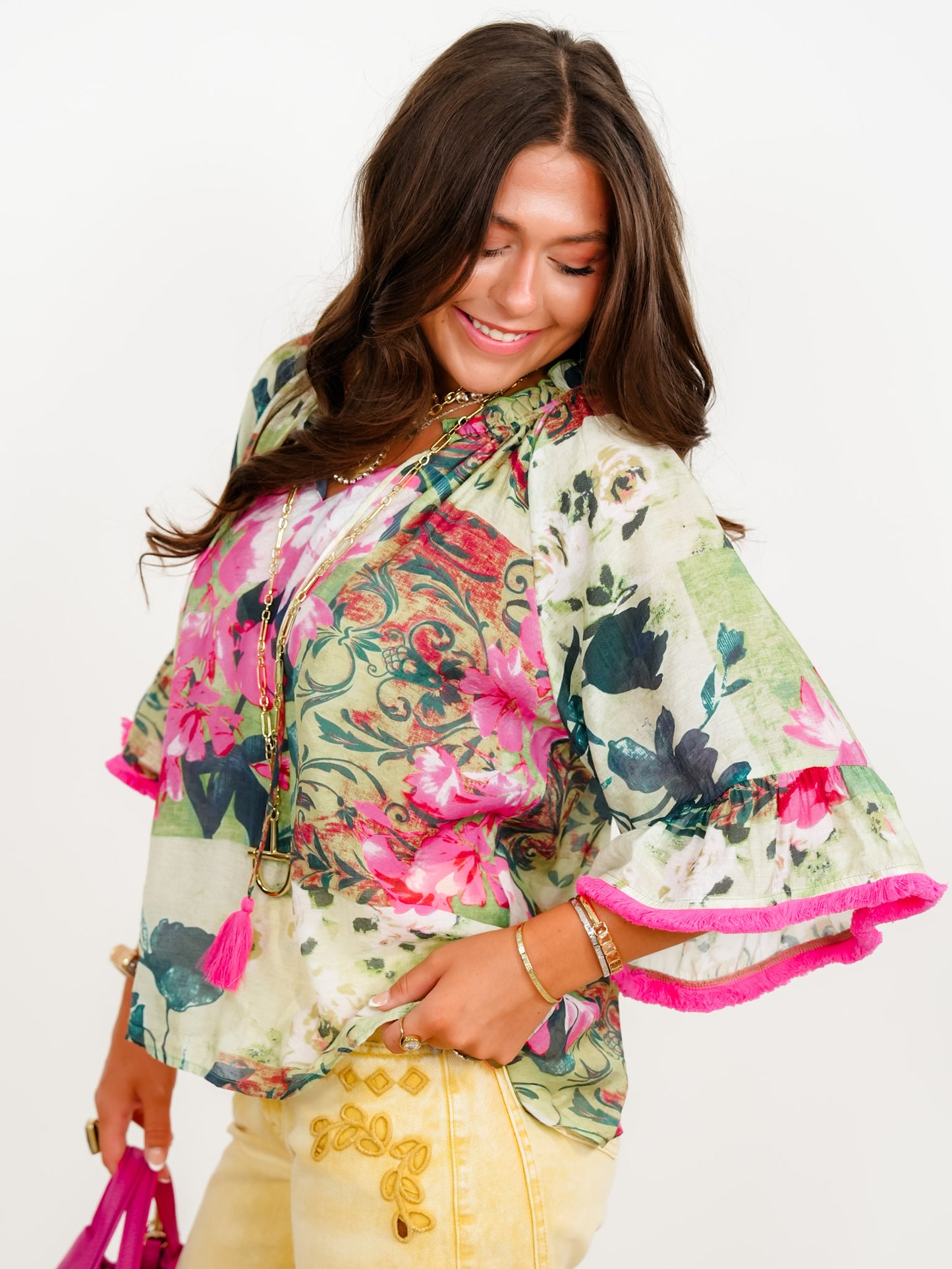 Floral Print Short Wide Sleeve Top With Tassle Front & Fringe