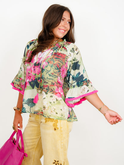 Floral Print Short Wide Sleeve Top With Tassle Front & Fringe