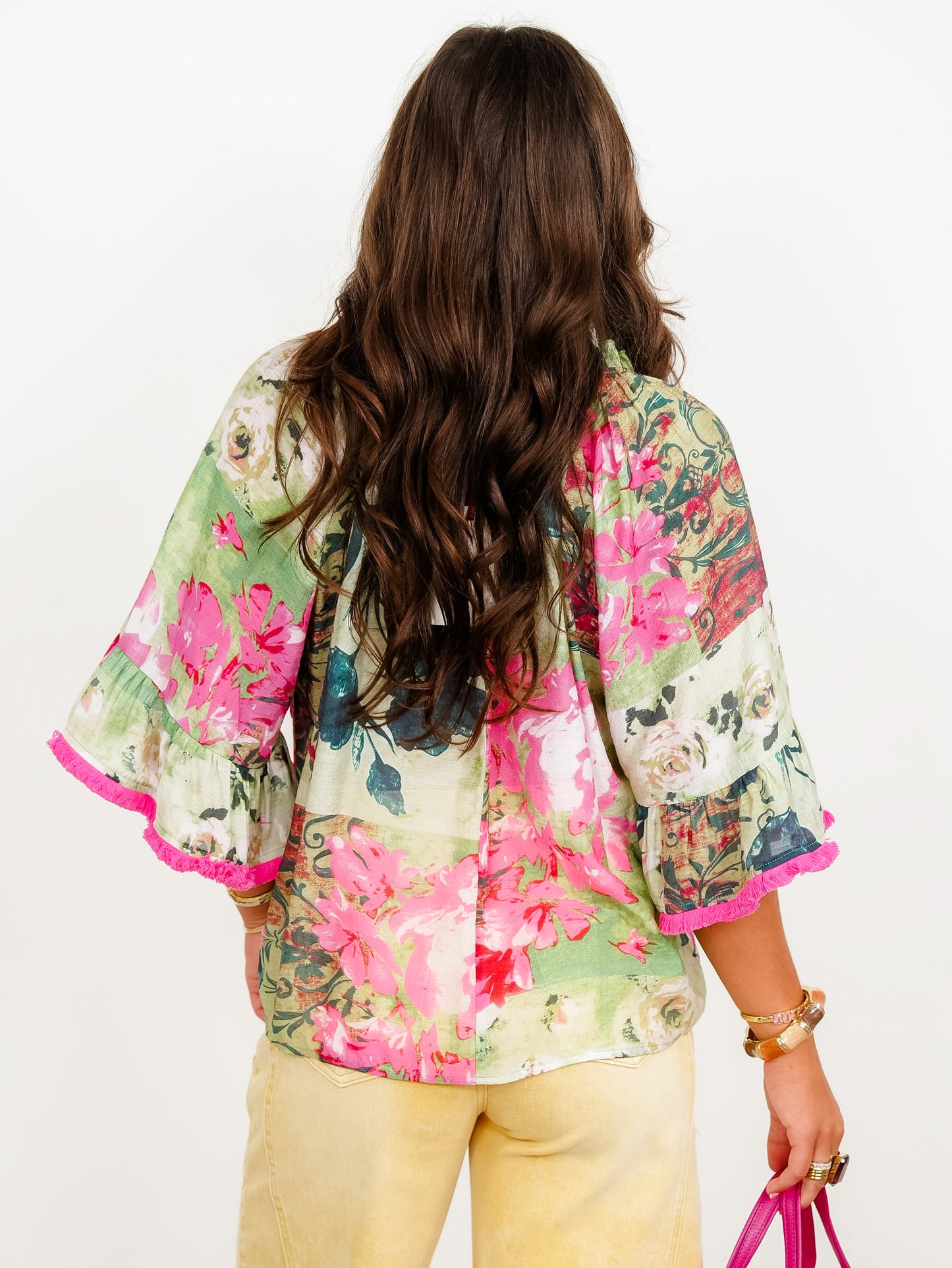 Floral Print Short Wide Sleeve Top With Tassle Front & Fringe