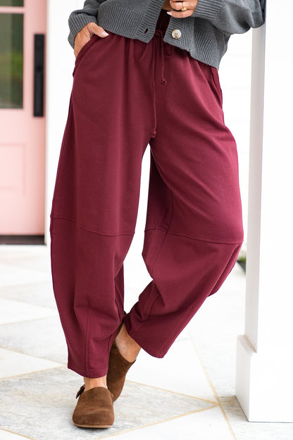 Elastic Waist Knit Barrel Pants with Side Pockets