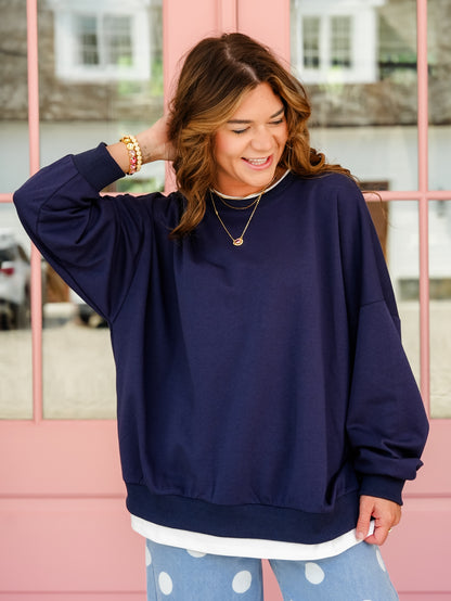 Solid Long Sleeve Crew Neck Layered Look Sweatshirt