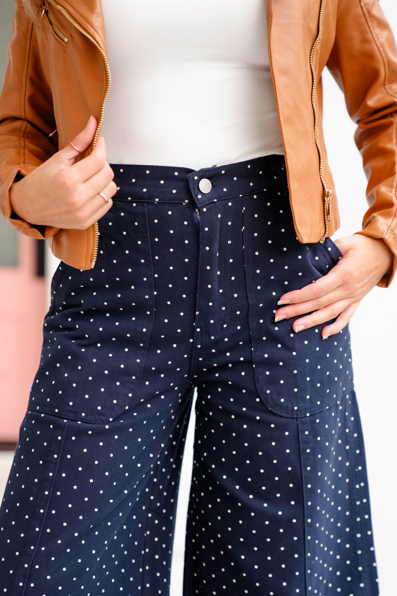Plus/Reg Washed Polka Dot Wide Leg Pants