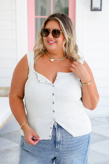 Plus/Reg Sleeveless Square Neck Snap Button Down Ribbed Knit Top
