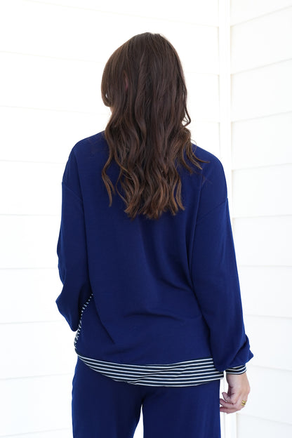 Plus/Reg Solid Long Sleeve Round Neck Top with Stripes