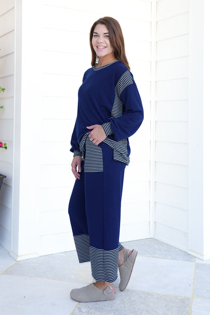 Plus/Reg Navy Elastic Waist Pants with Stripes