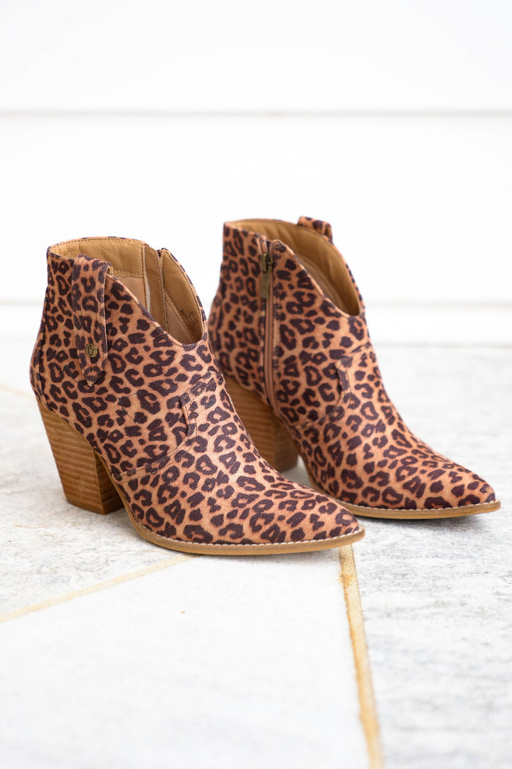 Corky's "Bar Hoppin" Animal Print Western Side Pull Tab Stacked Heel Bootie