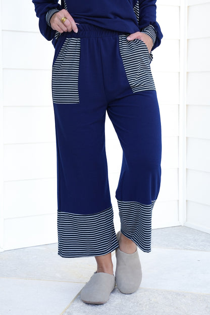 Plus/Reg Navy Elastic Waist Pants with Stripes