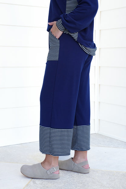 Plus/Reg Navy Elastic Waist Pants with Stripes