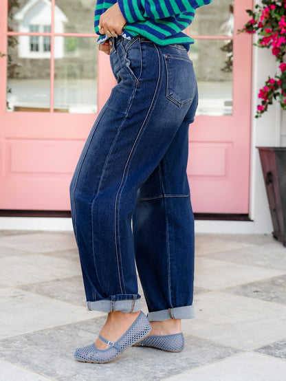 Risen High Rise Dark Wash Barrel Jeans With Double Cuff