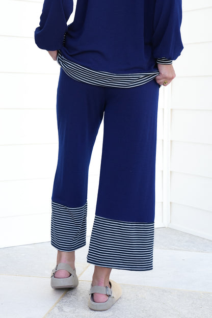 Plus/Reg Navy Elastic Waist Pants with Stripes