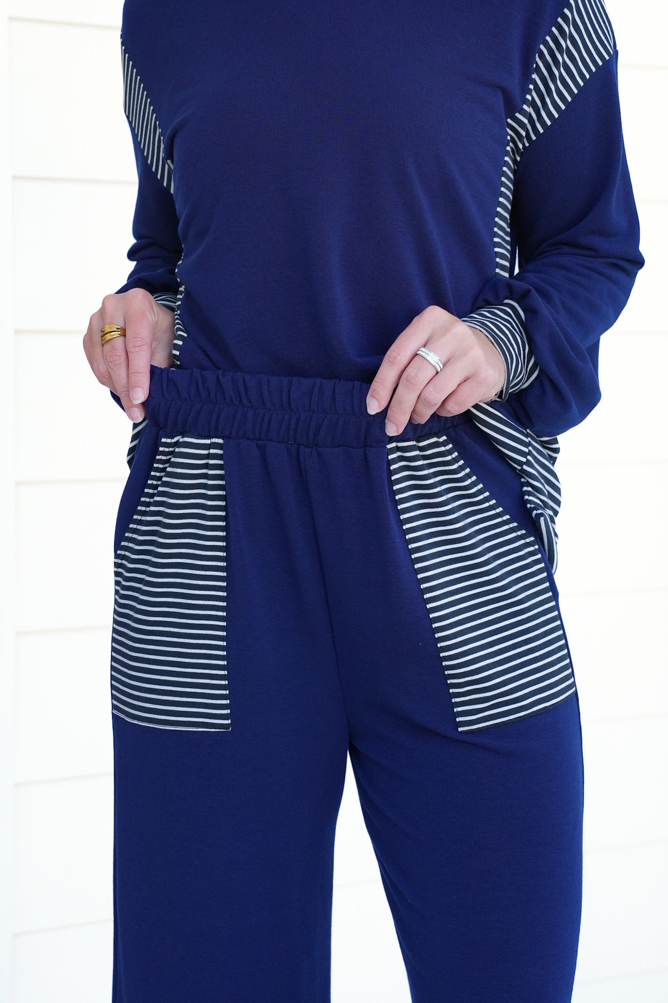 Plus/Reg Navy Elastic Waist Pants with Stripes