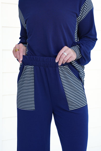 Plus/Reg Navy Elastic Waist Pants with Stripes
