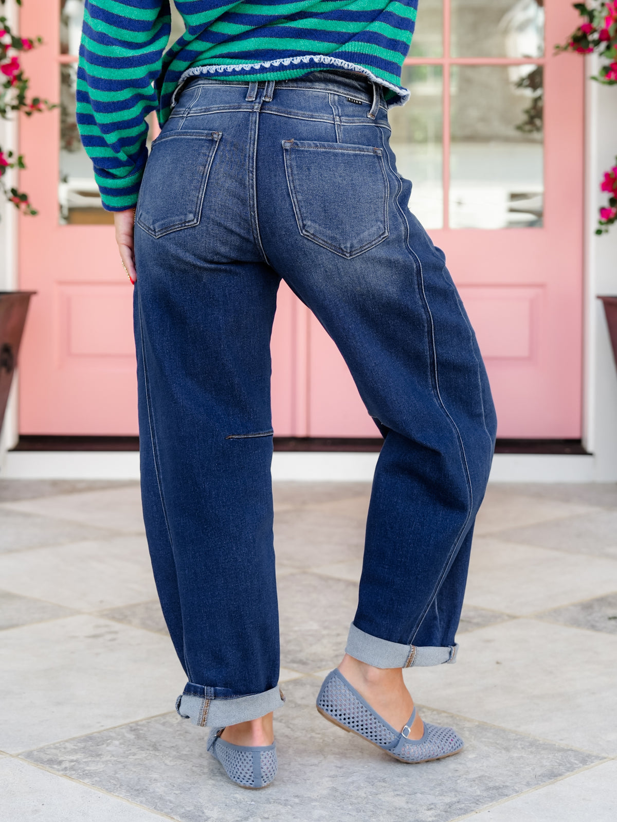 Risen High Rise Dark Wash Barrel Jeans With Double Cuff
