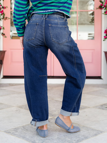 Risen High Rise Dark Wash Barrel Jeans With Double Cuff