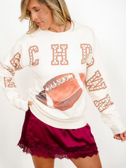 Plus/Reg Long Sleeve Touchdown Sweatshirt with Rhinestone Accent