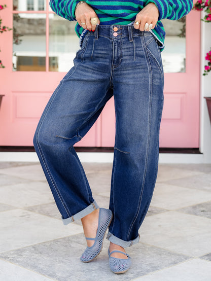Risen High Rise Dark Wash Barrel Jeans With Double Cuff