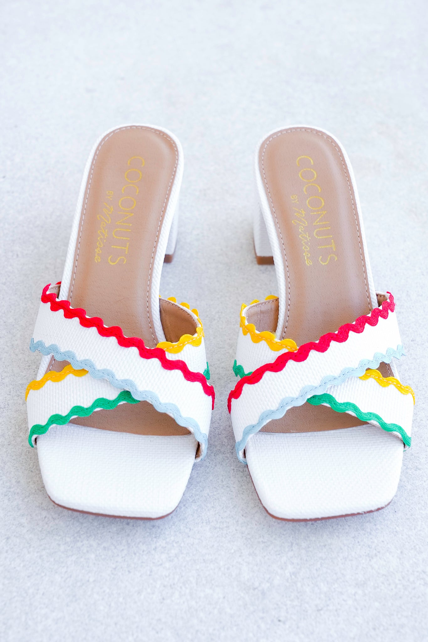Block Heel Slide Sandals with Colorful Wavy Trim Accents