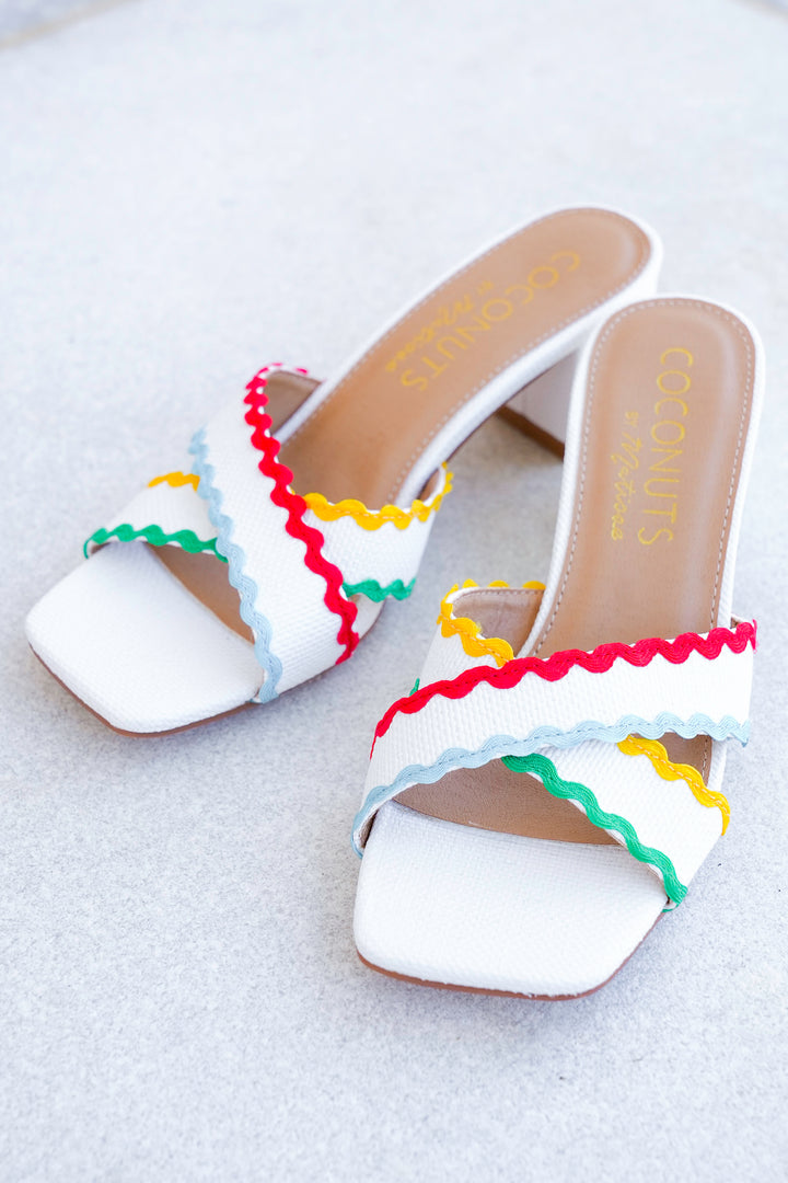 Block Heel Slide Sandals with Colorful Wavy Trim Accents