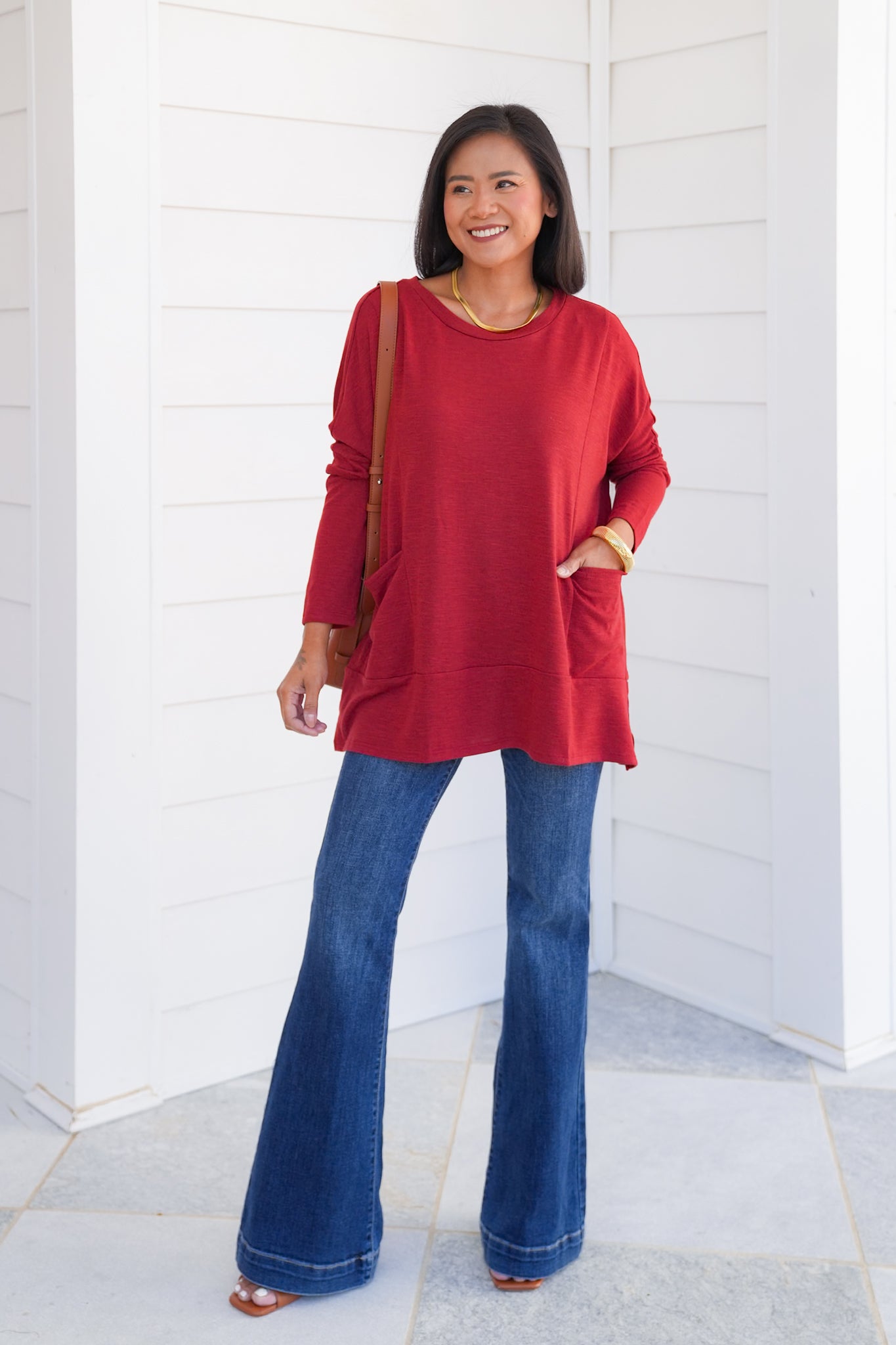 Door Buster! Plus/Reg Solid Long Sleeve Round Neck Top with Kangaroo Pockets
