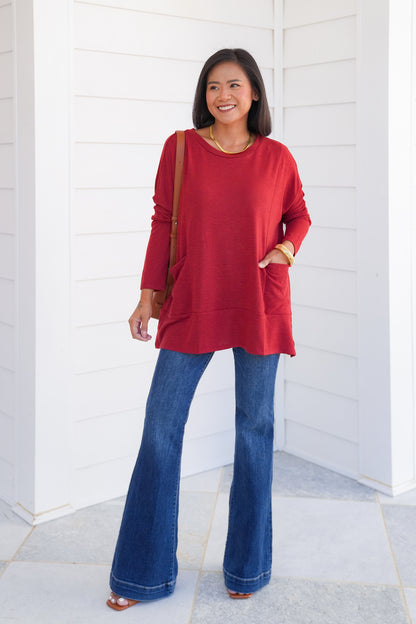 Door Buster! Plus/Reg Solid Long Sleeve Round Neck Top with Kangaroo Pockets