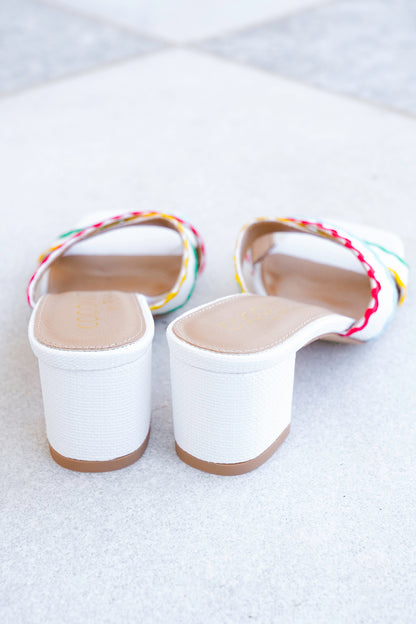 Block Heel Slide Sandals with Colorful Wavy Trim Accents