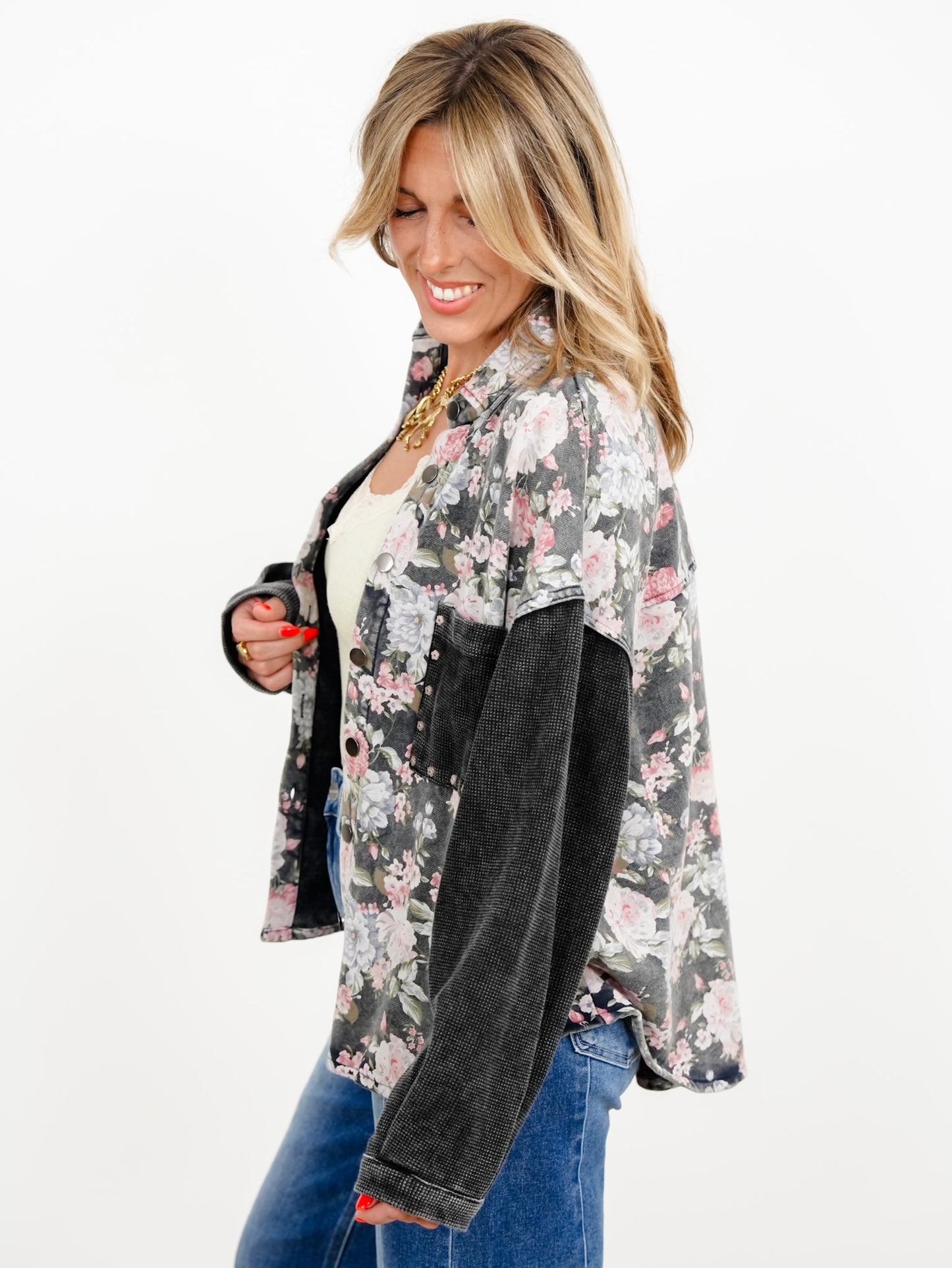 POL Floral Print Long Sleeve Button Down Shacket with Knit Contrast
