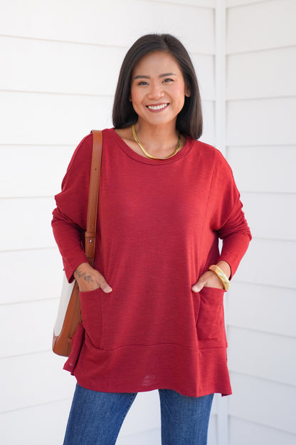Door Buster! Plus/Reg Solid Long Sleeve Round Neck Top with Kangaroo Pockets