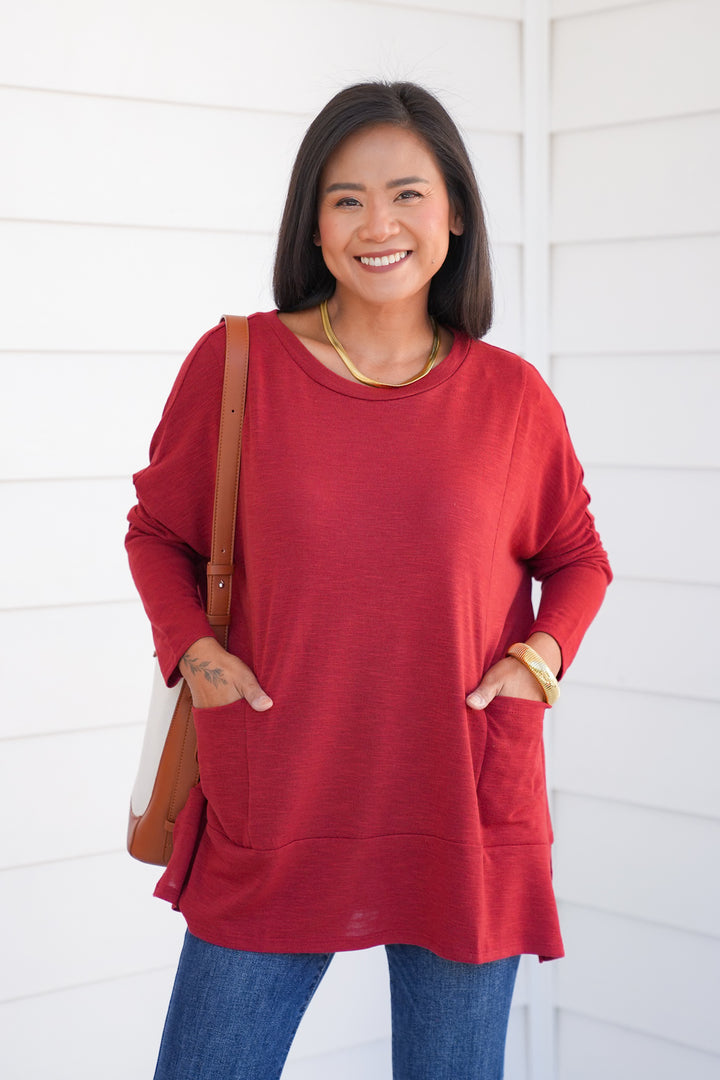 Door Buster! Plus/Reg Solid Long Sleeve Round Neck Top with Kangaroo Pockets