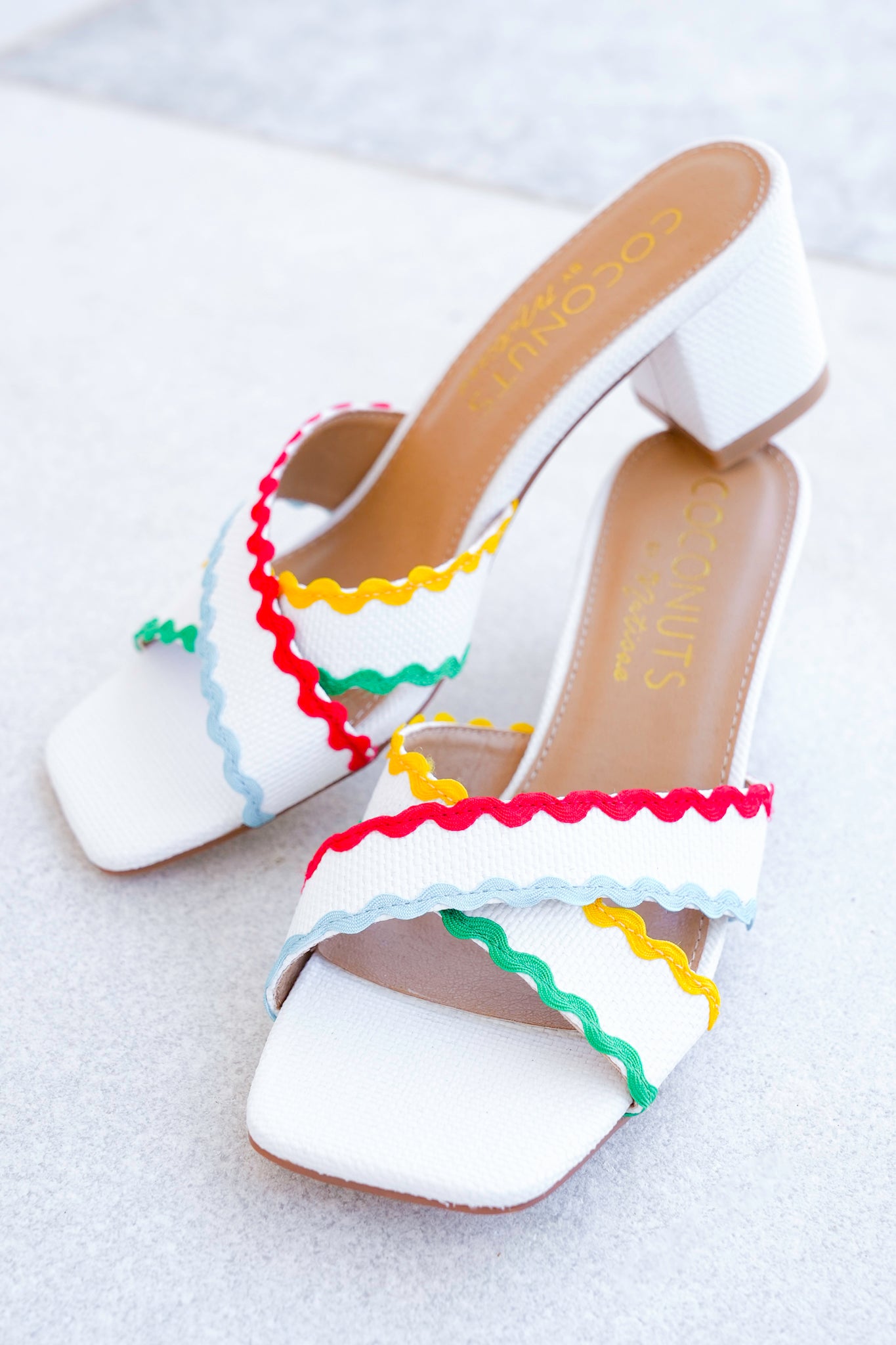 Block Heel Slide Sandals with Colorful Wavy Trim Accents