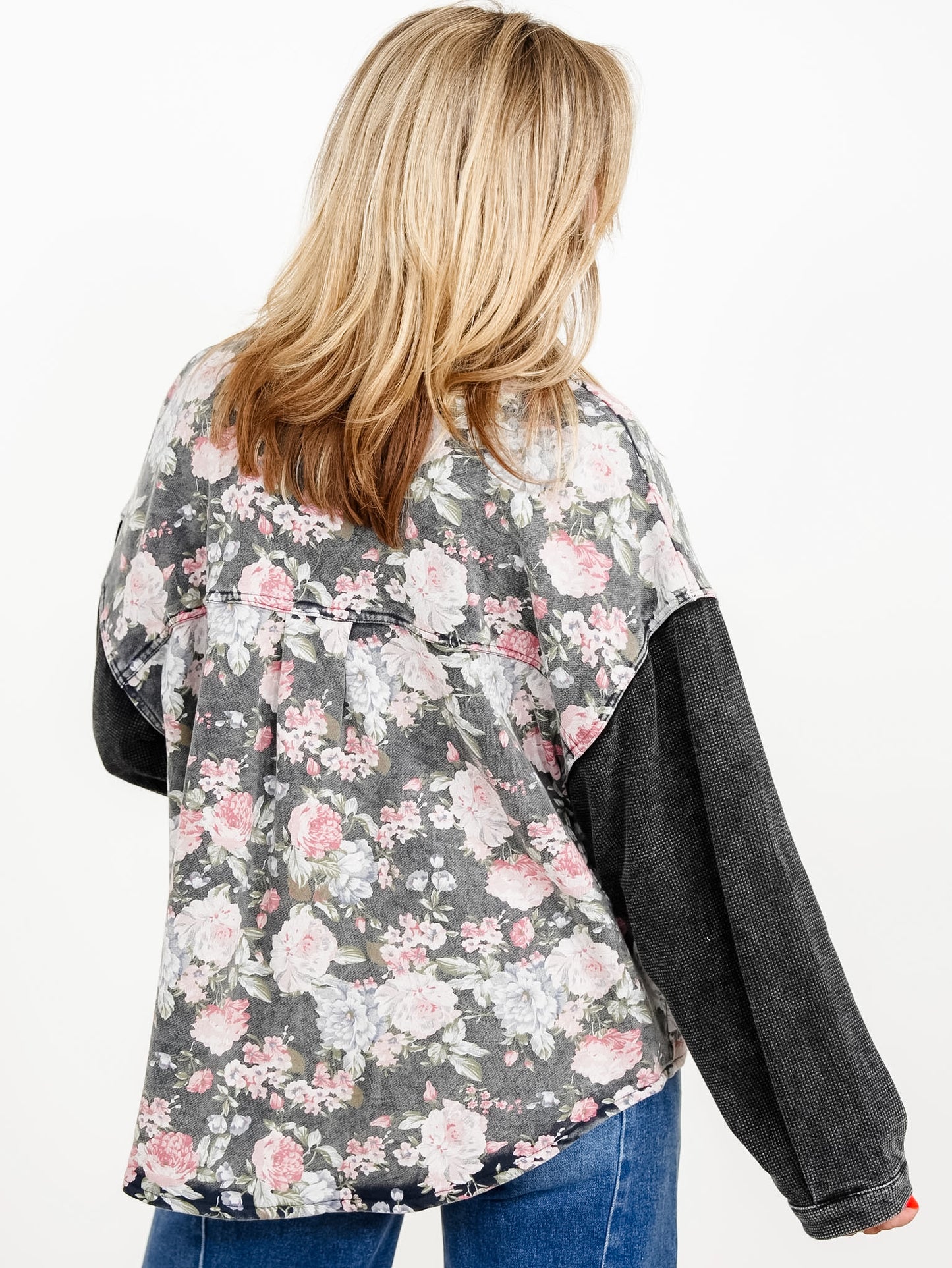 POL Floral Print Long Sleeve Button Down Shacket with Knit Contrast