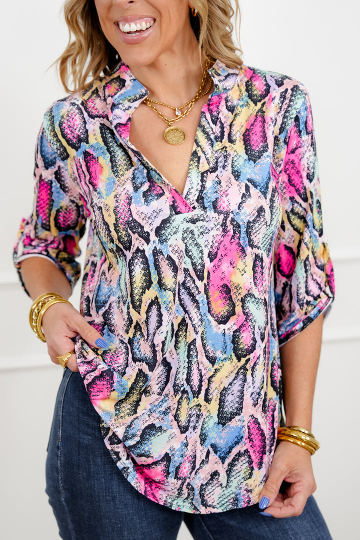 Plus/Reg Multi Color Snake Print V Neck Top