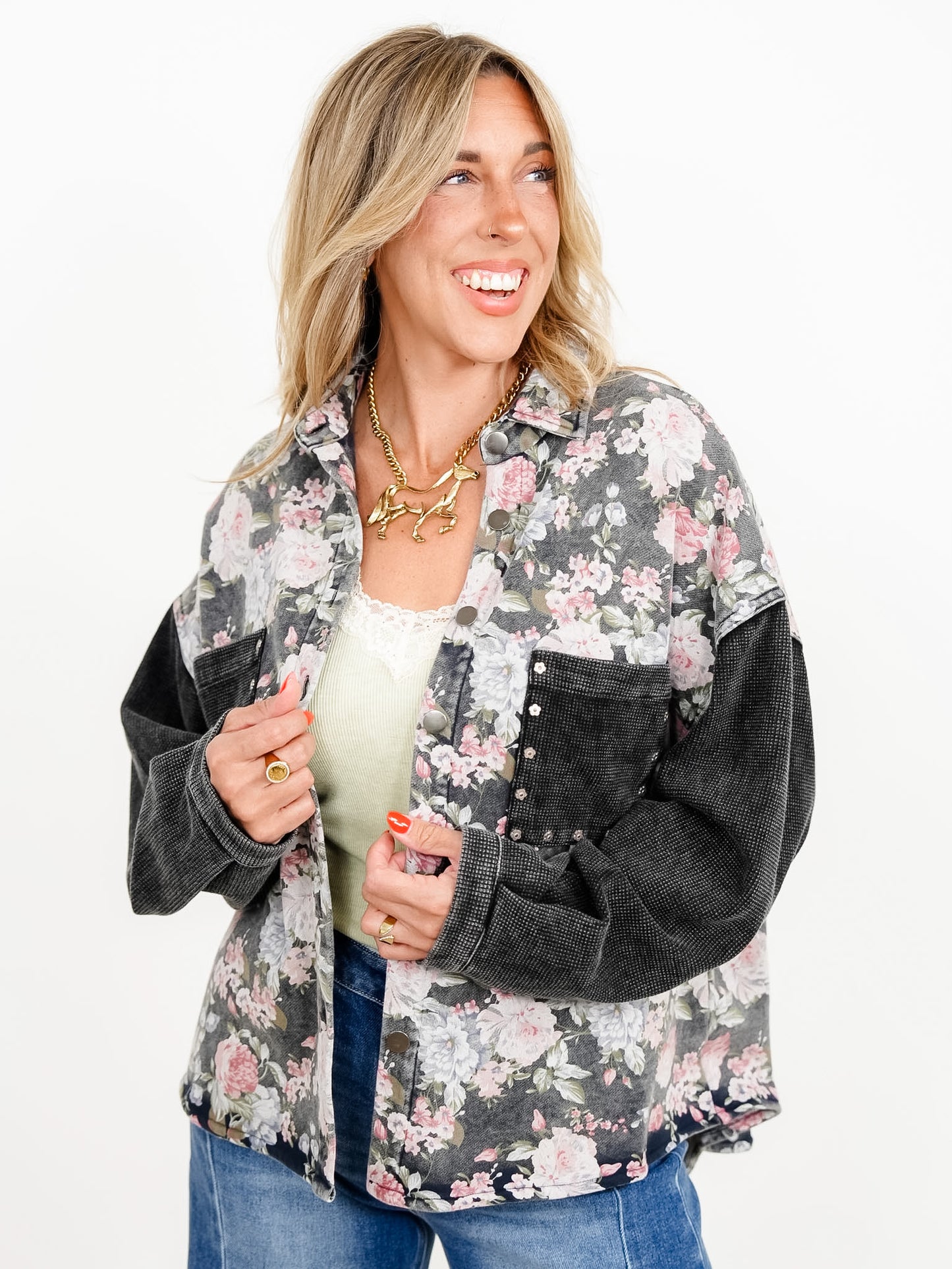 POL Floral Print Long Sleeve Button Down Shacket with Knit Contrast