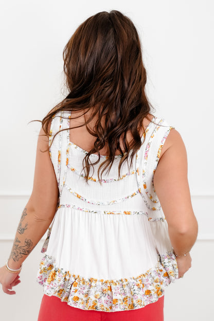 POL Button Up Tank Top with Floral Detail