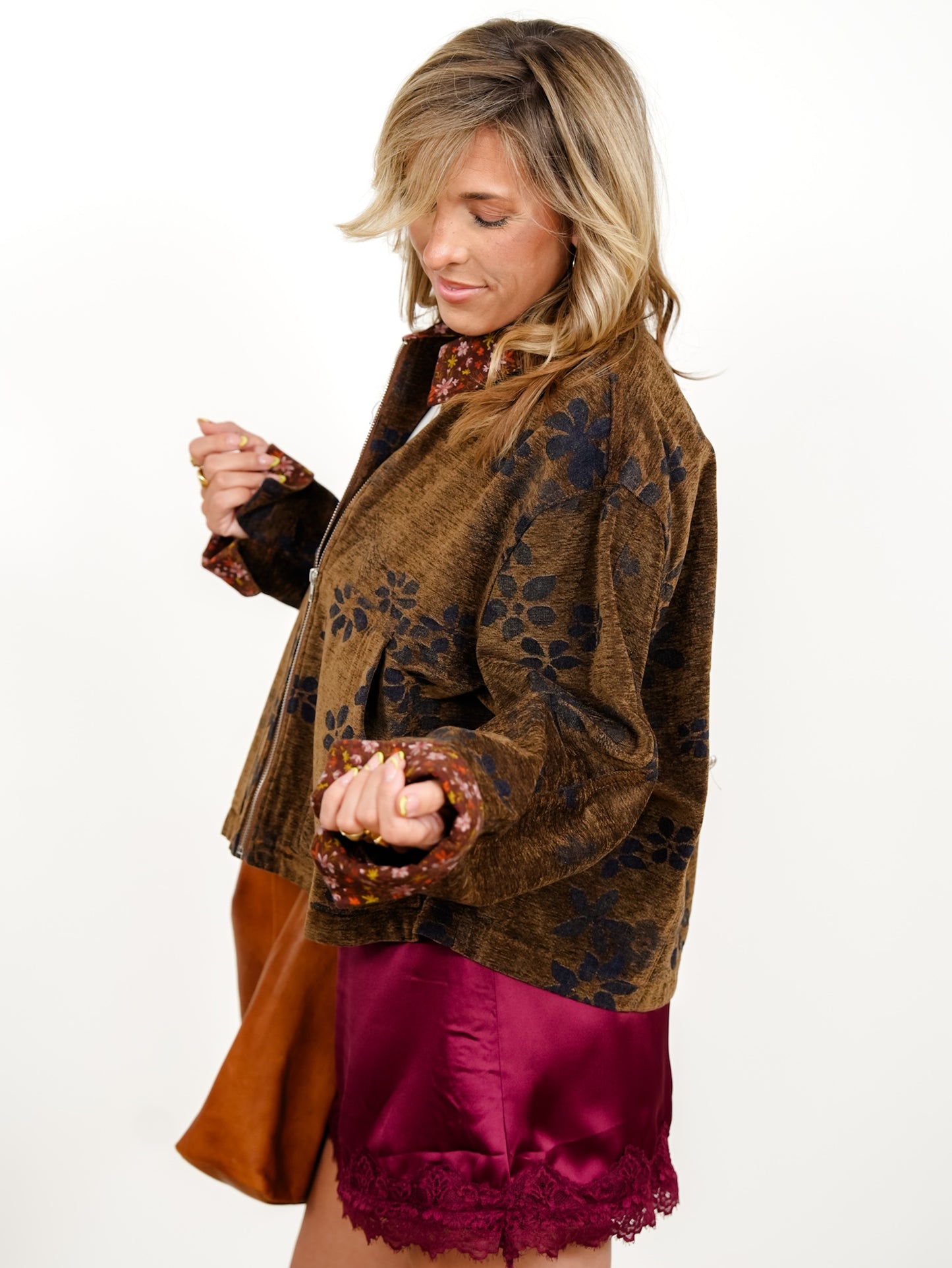 POL Floral Print Long Sleeve Zip Up Jacket