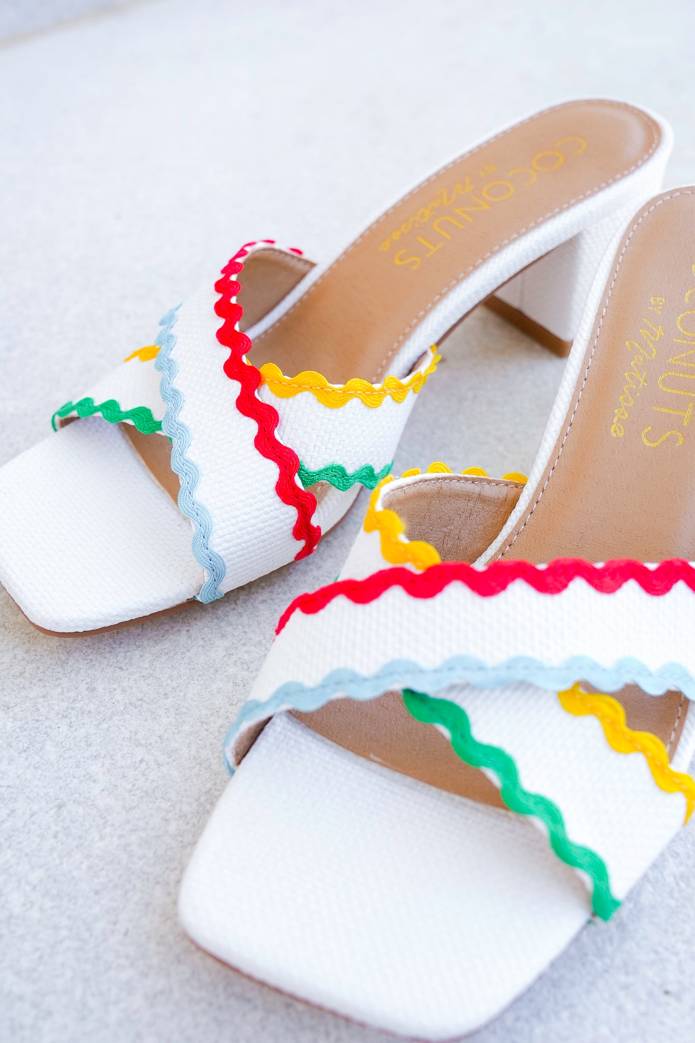 Block Heel Slide Sandals with Colorful Wavy Trim Accents