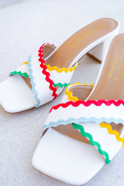 Block Heel Slide Sandals with Colorful Wavy Trim Accents
