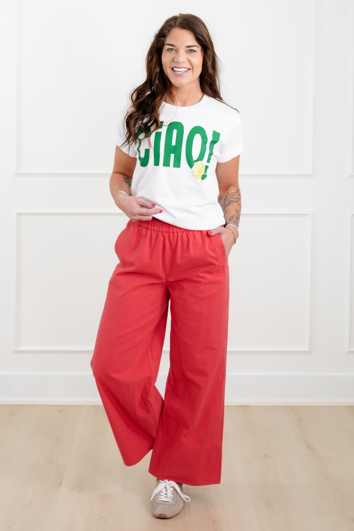 Solid Color Elastic Waste Wide Leg Pants