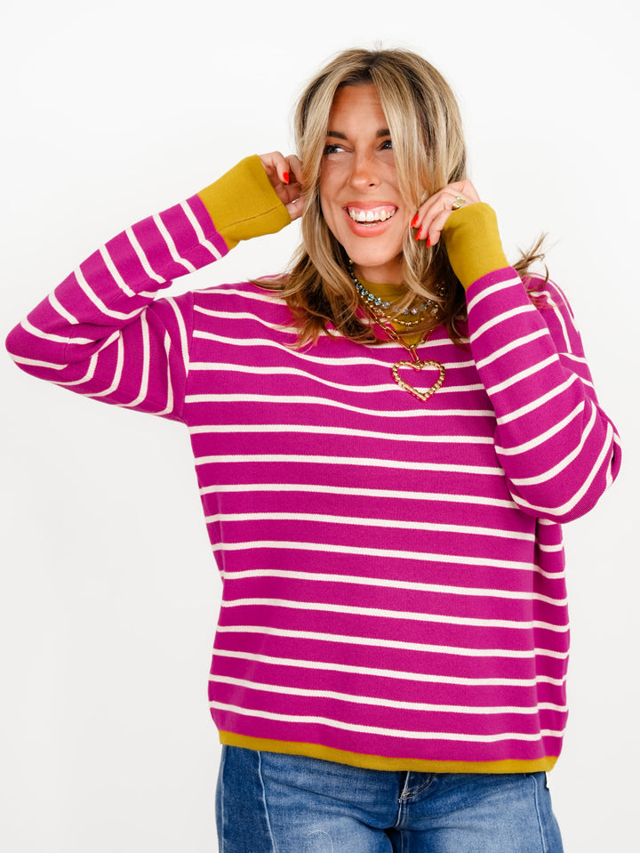 Stripe Long Sleeve Sweater with Contrast Trim - Freckled Poppy