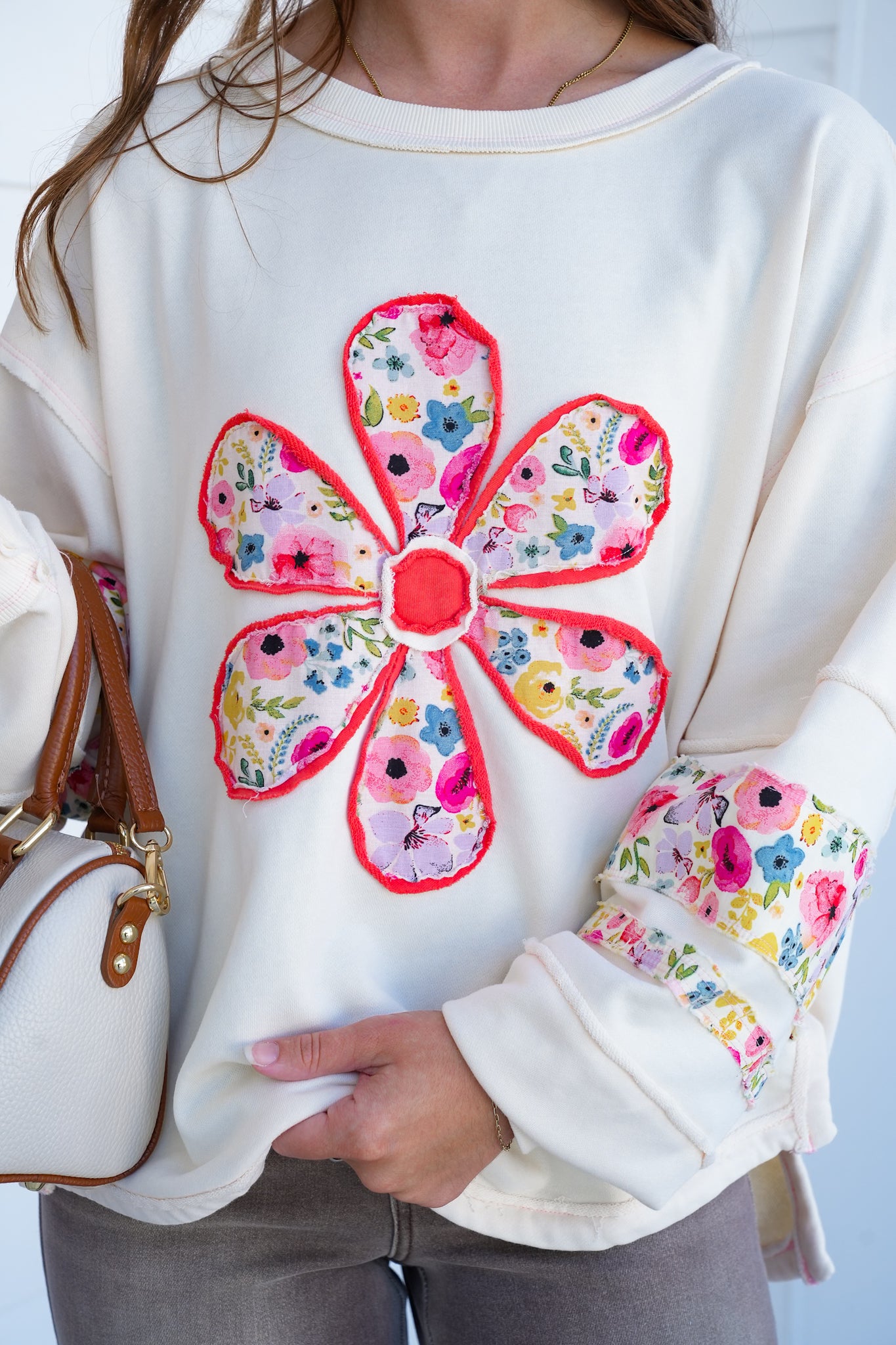 Long Sleeve Pullover Top with Daisy Patch