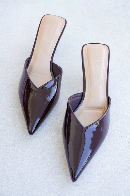 Vegan Patent Leather Kitten Heel Closed Toe Mules