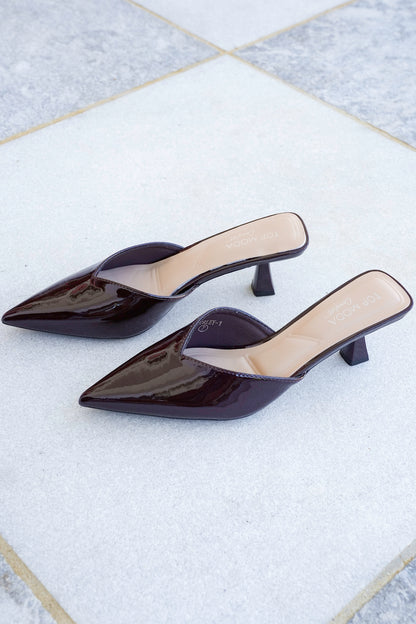 Vegan Patent Leather Kitten Heel Closed Toe Mules