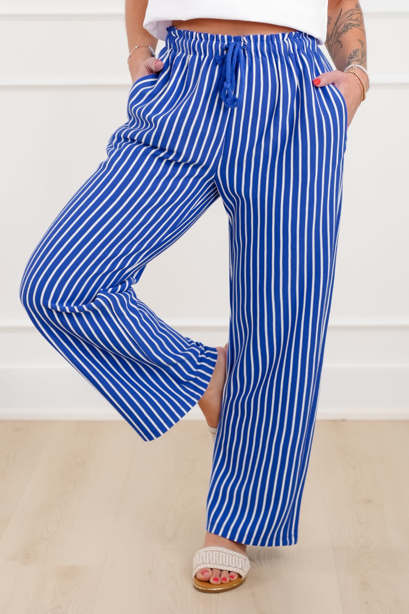 Stripe Elastic Waist Pants with Drawstring